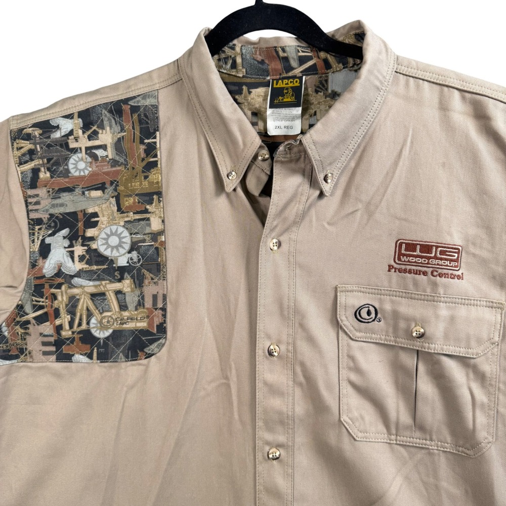 LAPCO Work Shirt Mens 2XL Tan Cut‎ Off Sleeves Camo Patch Utility Workwear
